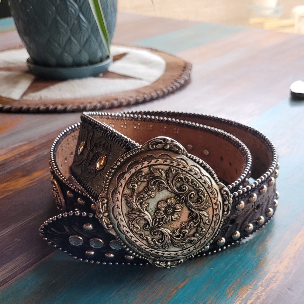 Bill Adler Design Black Leather Belt with Clear Crystals And Conchos